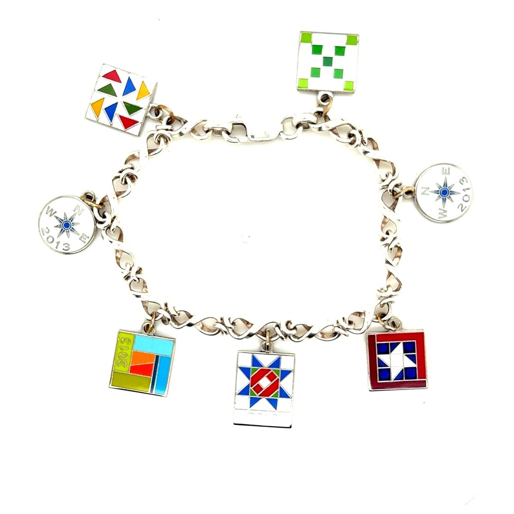 Sterling Silver 925 Enamel Quilt Block Compass Charm Bracelet 2013 - 7"
